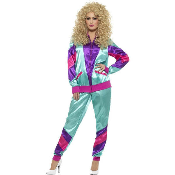 Ladies 80s shell suit in teal purple and pink