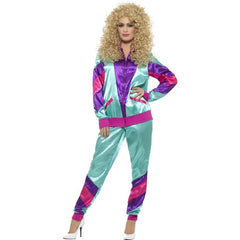 Ladies 80s shell suit in teal purple and pink