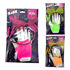 80s ladies accessory kit includes, lace headband, lightning bolt earrings and fishnet gloves in fluro colors.