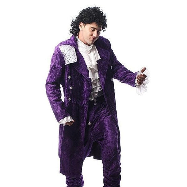 80s Music Artist costume with purple suit, frill shirt, and curly wig – available for hire in Brisbane