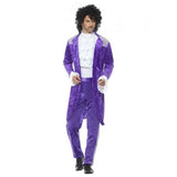 80s purple musician costume in velvet with silver accents, long jacket, pants and white frilly mock shirt.