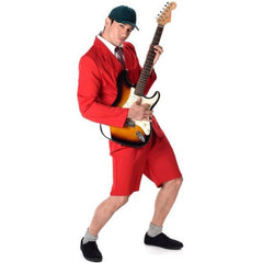 School boy rocker costume, red shorts, jacket with shirt and tie insert and cap.