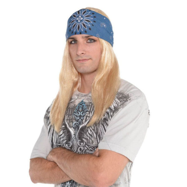 Love of Rock kit, long blonde wig with blue bandana.