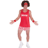 Exercise Maniac Mens Costume, short stipe shorts, tank top and wig.