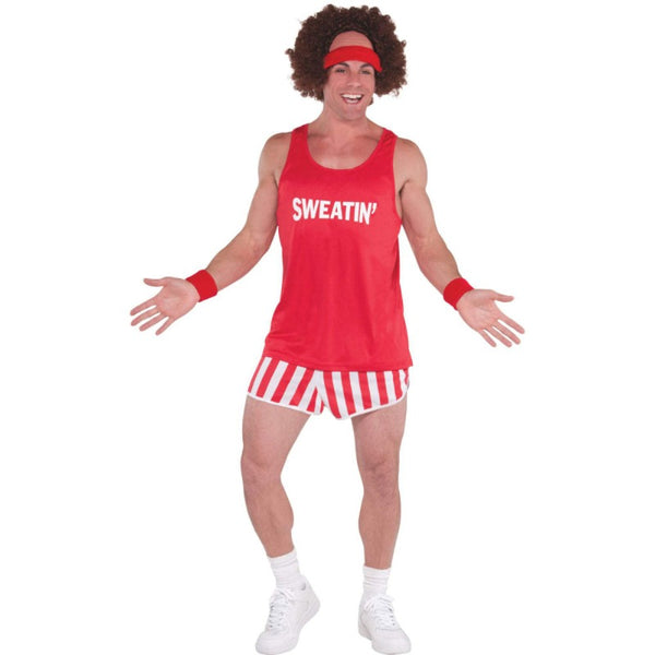 Exercise Maniac Mens Costume, short stipe shorts, tank top and wig.