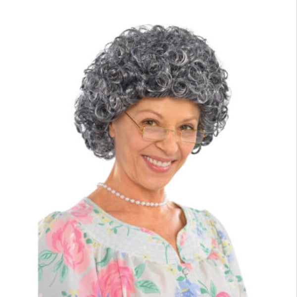 Granny curly wig in grey hs a permed style.