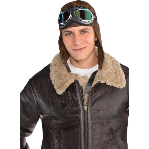 flying cap with aviator goggles in brown distressed look.