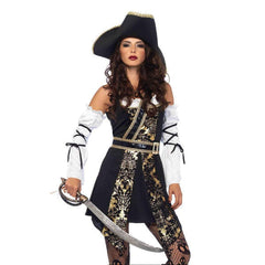 Womens Black Sea Buccaneer pirate costume by Leg Avenue featuring a black pirate-inspired outfit