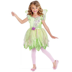 Garden fairy girl costume, green dress with layers of petals for skirt, cap sleeves and wings.