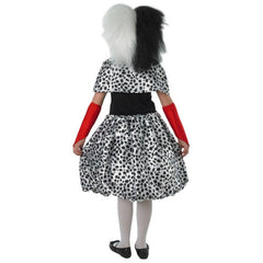 Cruella de vil deluxe costume for child, dress with spot skirt and cape, logo on bodice and fingerless gloves.