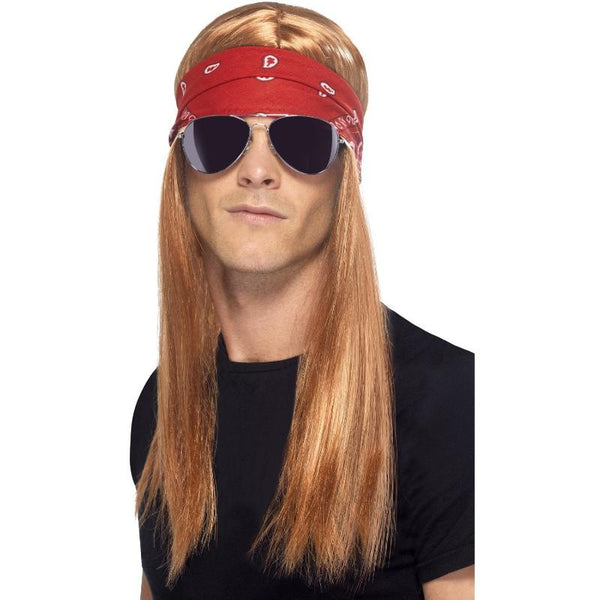 90’s Rocker Kit with wig, red bandanna, and sunglasses for costume parties