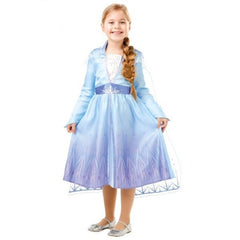 Elsa frozen 2 clasic costume, child, mid claf dress, printed satin skirt, long sleeves, silver sequin v panel at chest, cape attaches with velcro.