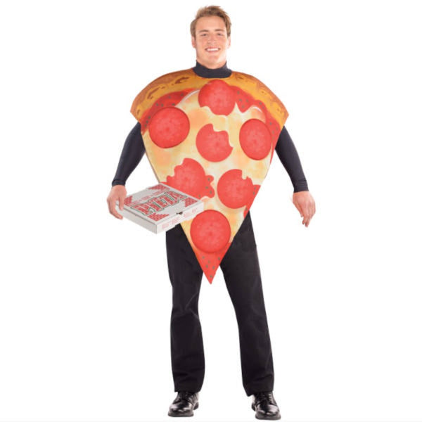 Pizza Slice Adult Costume, with pepperoni and cheese slice image.