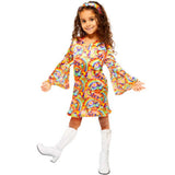 Rainbow Hippie Girls Costume, floral and swirl dress with flared sleeves and headband.