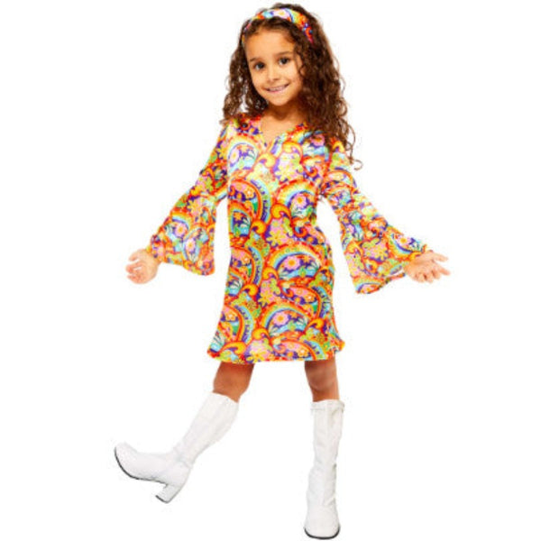 Rainbow Hippie Girls Costume, floral and swirl dress with flared sleeves and headband.