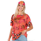 Tiger queen ladies costume, orange print short sleeve top.