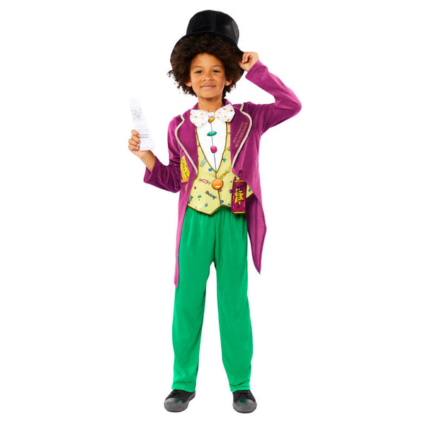 Charlie & The Chocolate Factory Willy Wonka Child Costume, plum jacket with attached colourful vest, green pants and top hat.