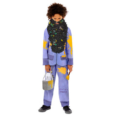 Roald Dahl mr twitt boys costume, purple top and trousers with splatterings of yellow paint, felt printed beard, brush, bag and bookmark.