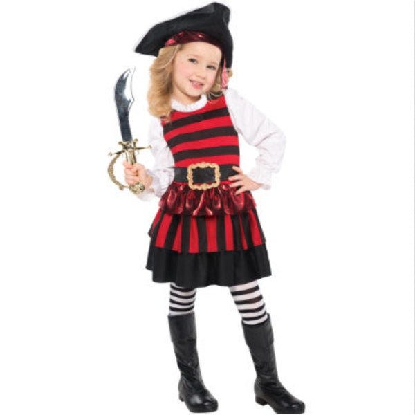 Pirate little lass girls costume in black and red dress and hat.