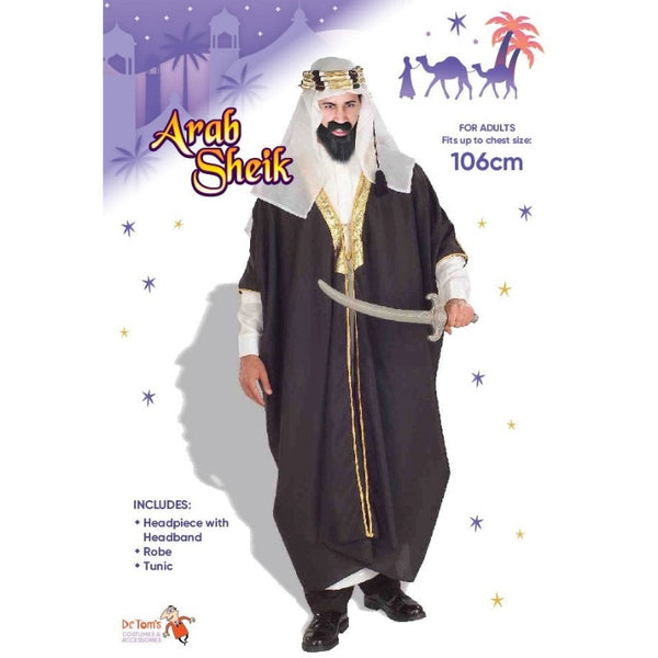 arab sheikh costume, flowing black robe with gold trim and cream headdress with cord.