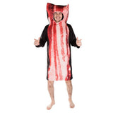 Foam bacon novelty adult costume, black tunic with a strip of bacon image on the front, opening for face.