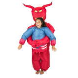 Adults inflatable devil costume, looks like a devil has gripped a person around the waist.