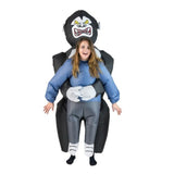 Inflatable gorilla lift up costume for adults is unisex, looks like gorilla is hugging a person.