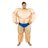 inflatable muscleman costume, oversized muscles and budgie smugglers.