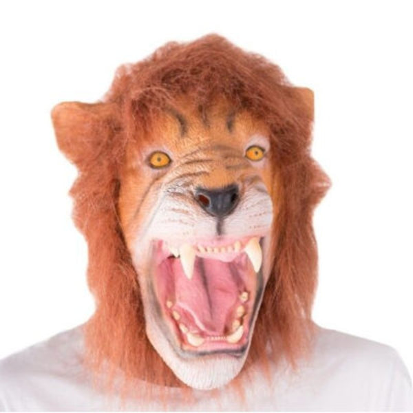 Realistic latex lion mask which covers the head with large teeth, tonge, furry mane.