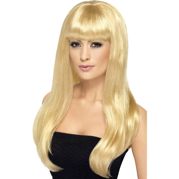 Blonde Long Straight Babelicious Wig. This wig is a golden blonde shade with fringe and comes down the bust.