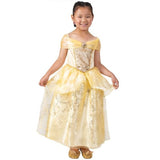 Belle Ultimate Princess celebration costume for child, ankle length  dress, sequin panel on bodice, skirt has glitter detail and peplum. 