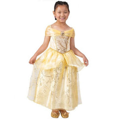 Belle Ultimate Princess celebration costume for child, ankle length  dress, sequin panel on bodice, skirt has glitter detail and peplum. 