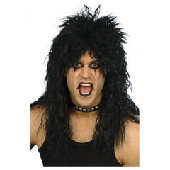 Black hard rocker wig, layered, crimped, messy.