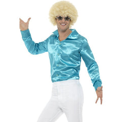 Men’s blue satin-look 60s costume shirt shown flat