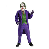 The joker deluxe child costume, long jacket with attached vest, shirt and tie. Printed pants, latex mask.