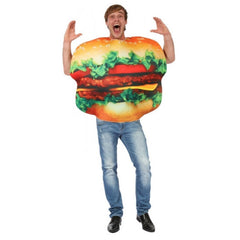 Burger man costume with printed front, foam printed fabric.