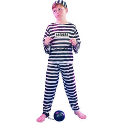 childrens convict costume, stripe top, pants and hat.