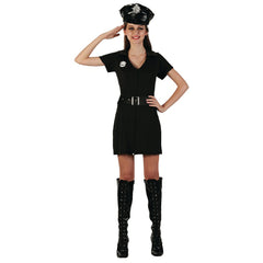 Lady Police Officer Costume with black zip-front dress, belt and badge