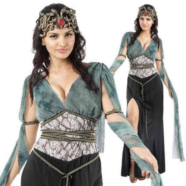 Medusa Ladies Costume, long dress with slit in front, sleeves with feature drape and snake headband.