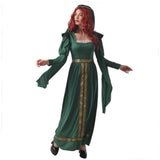 Green medieval maiden costume in green long dress with braid trim and hat with veil.