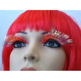 Eyelashes, red feathery with silver tinsel, dramatic.