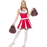 Women's cheerleader costume in red and white. This women's cheerleader costume features a vibrant red and white colour scheme. The dress has a pleated skirt and matching bodice. The bodice showcases a cheerleading emblem, and the ensemble is completed with pom-poms. Perfect for adding spirit to any costume party or event.
