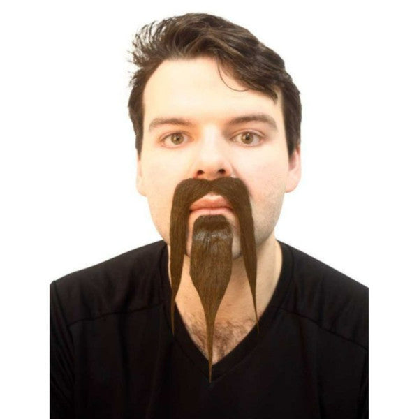 Fu manchu moustache and beard in dark brown, attache with double sided tape.