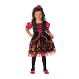 Day of the dead girls halloween costume by rubies, dress with corset look at the bodice, printed skirt  with black peplum with lace trim, pink mock blouse.