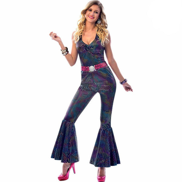 Disco Diva Sequin Jumpsuit. All over multi-coloured sequins with flared pants, halter top and pink sequin belt.