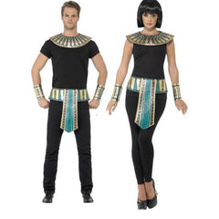 Egyptian kit accessories includes collar, cuffs and belt in gold and blue.