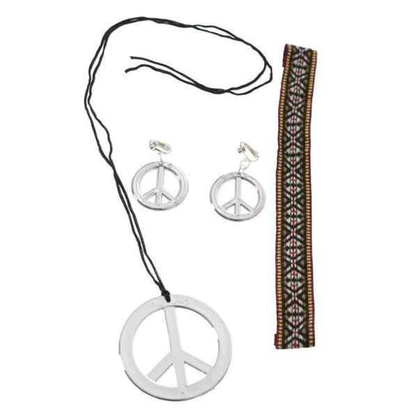 Hippie accessory set includes, woven braid headband, plastic silver peace pendant and earrings.