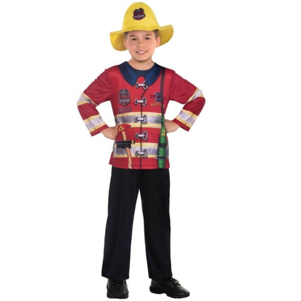 Firefighter Child's Sustainable Costume, red jacket with print and yellow hat.