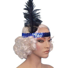 Blue sequin flapper headband with black feather.