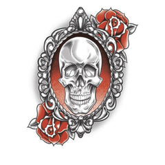 Tinsley FX Temp Tattoo - Gothic Skull and Roses in mirror with roses.